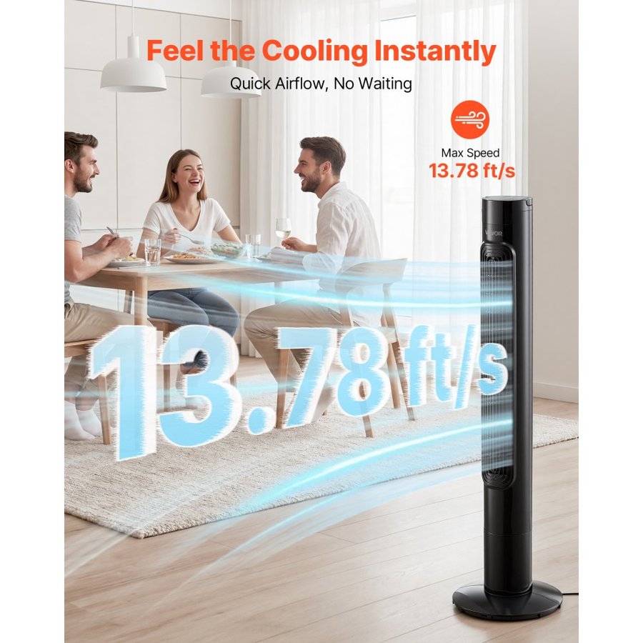 VEVOR Tower Fan, 50-Degree Oscillating Standing Fan, 3 Speeds & 3 Modes & 7.5-Hour Timer, 4.2 m/s High Velocity Floor Air Circulator, Powerful Airflow for Bedroom, Living Room, Home, Office, Black