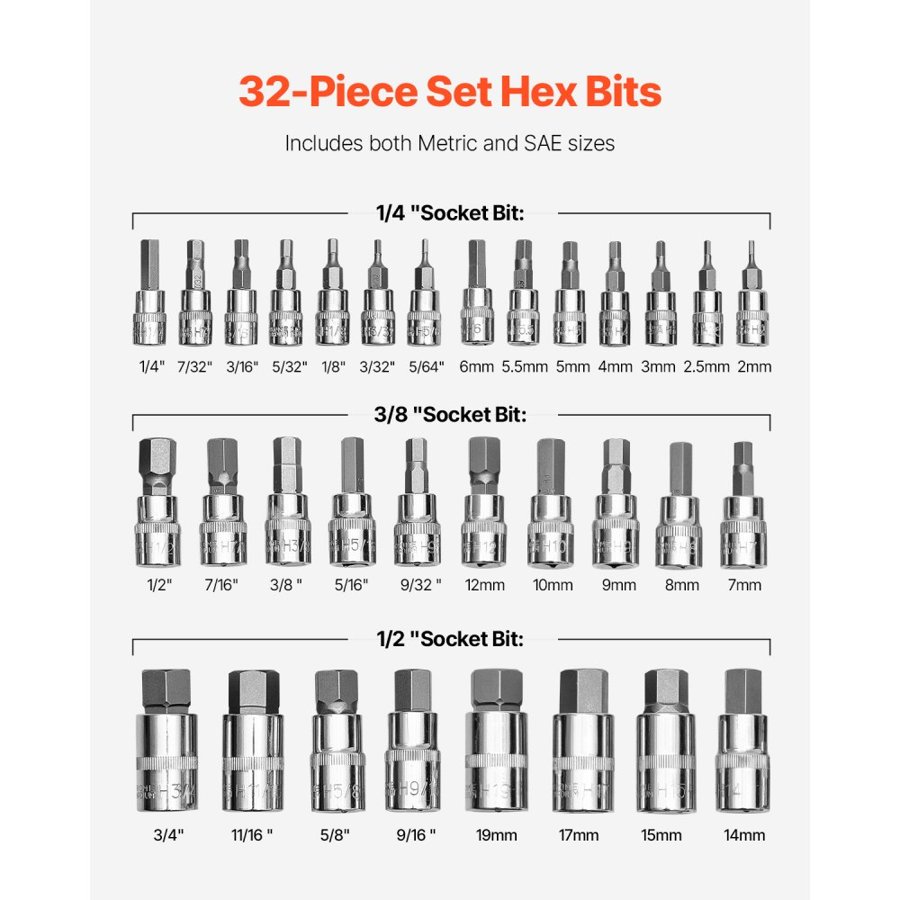 VEVOR Hex Wrench Bit Socket Set – 32-Piece, S2 & CR-V Steel