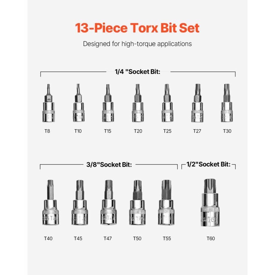 VEVOR Socket Star Set – 13-Piece, T8-T60, S2 Steel, 3 Drives