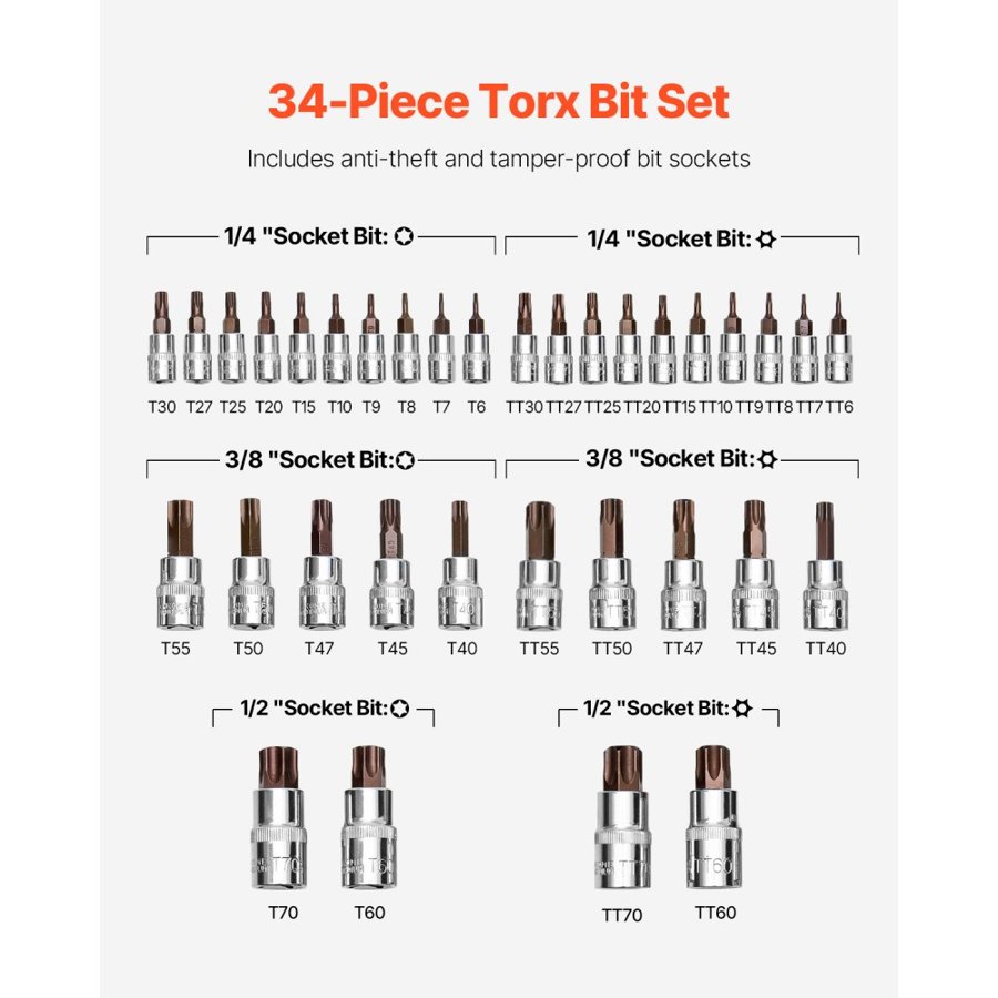 VEVOR Torx Bit Socket Set – 34-Piece, T6–T70, S2 Steel
