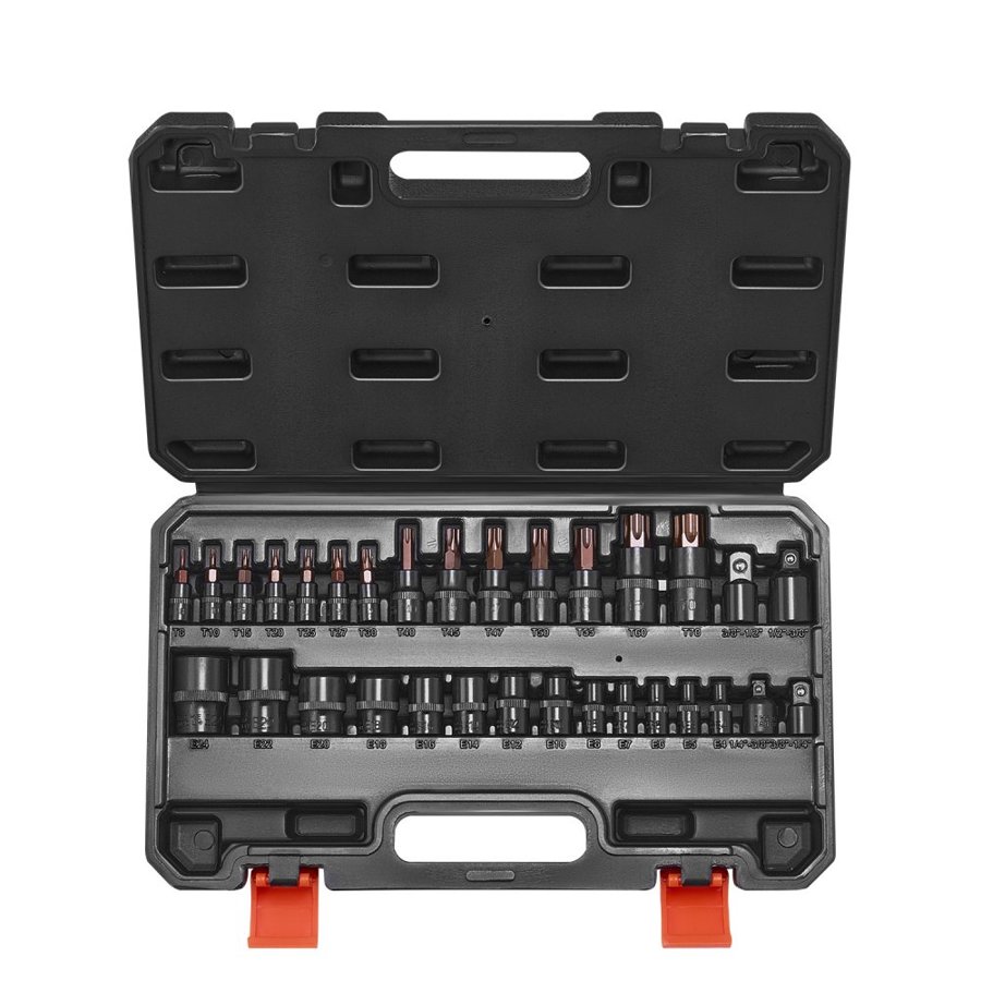 VEVOR Torx Bit Socket and External Torx Socket Set, 31-Piece T8-T70 and E4-E24, S2 Alloy Steel and Cr-V Steel, 1/4 in, 3/8 in, and 1/2 in Drives, with Adapter and Enhanced Storage Case, for Automotive