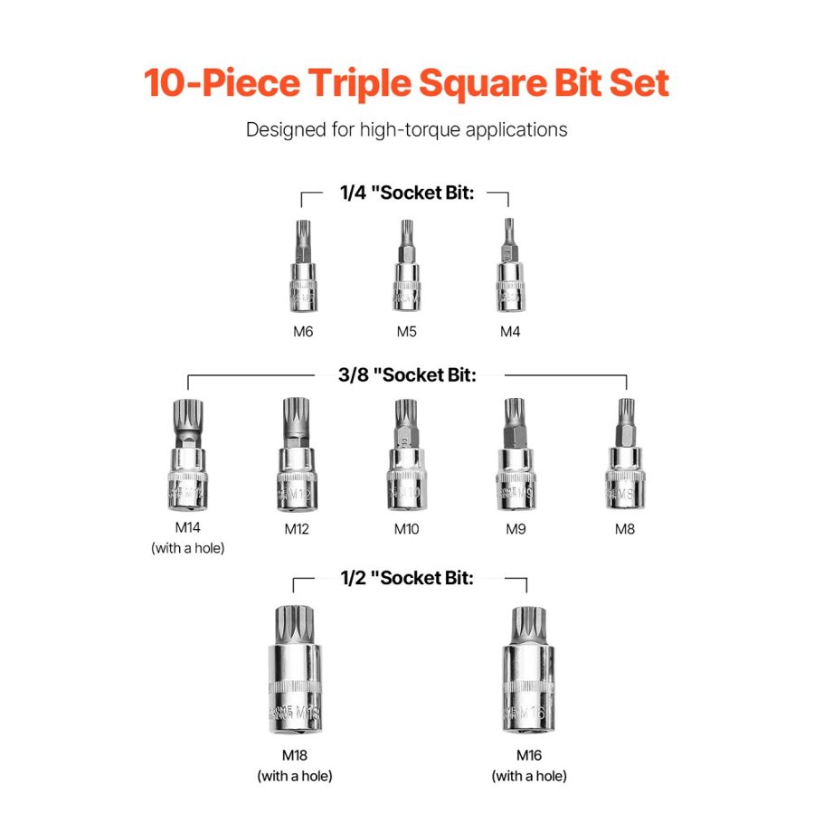 VEVOR XZN Triple Square Spline Bit Socket Set, 10-Piece M4 - M18, Premium Cr-V Steel, 1/4 in, 3/8 in, and 1/2 in Drives, with Enhanced Storage Case, Triple Square Socket Set for Hand Use, Automotive