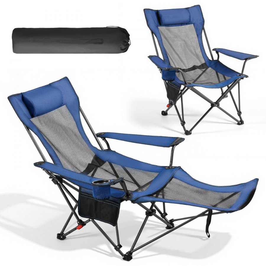 VEVOR Reclining Camping Chair, 4 Adjustable Positions, Portable Folding Lounger for Adults, Mesh Beach Chair with Headrest & Foot Rest, Supports 220 lbs, Heavy Duty Camp Chairs for Patio, Blue