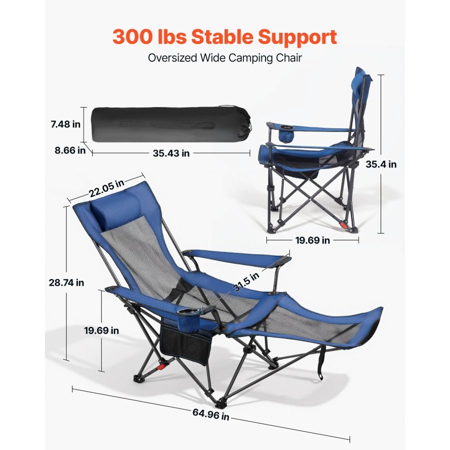 VEVOR Reclining Camping Chair, 4 Adjustable Positions, Portable Folding Lounger for Adults, Mesh Beach Chair with Headrest & Foot Rest, Supports 220 lbs, Heavy Duty Camp Chairs for Patio, Blue