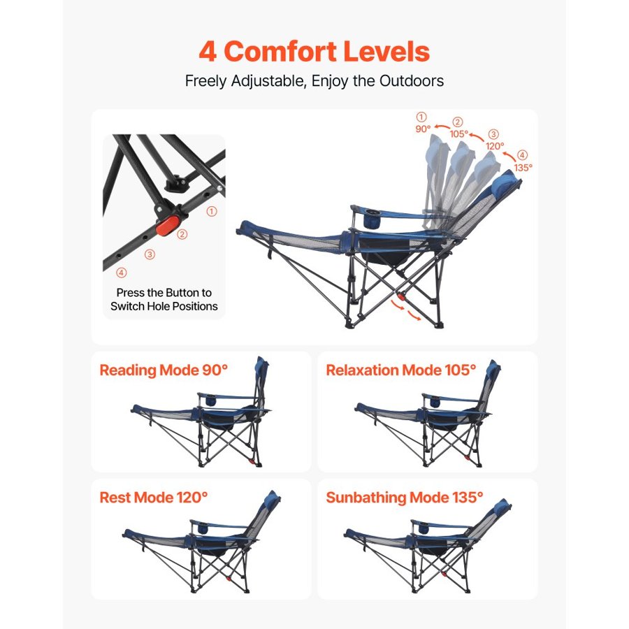 VEVOR Reclining Camping Chair, 4 Adjustable Positions, Portable Folding Lounger for Adults, Mesh Beach Chair with Headrest & Foot Rest, Supports 220 lbs, Heavy Duty Camp Chairs for Patio, Blue
