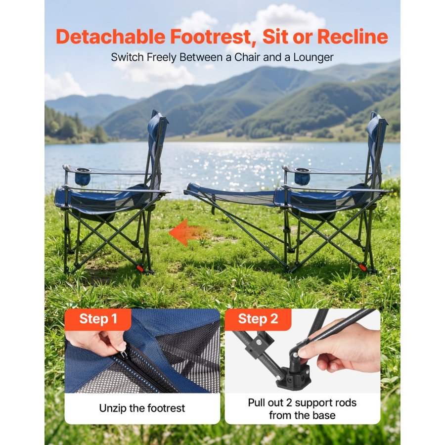 VEVOR Reclining Camping Chair, 4 Adjustable Positions, Portable Folding Lounger for Adults, Mesh Beach Chair with Headrest & Foot Rest, Supports 220 lbs, Heavy Duty Camp Chairs for Patio, Blue
