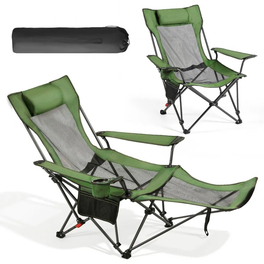 VEVOR Reclining Camping Chair, 4 Adjustable Positions, Portable Folding Lounger for Adults, Mesh Beach Chair with Headrest & Foot Rest, Supports 220 lbs, Heavy Duty Camp Chairs for Patio, Green