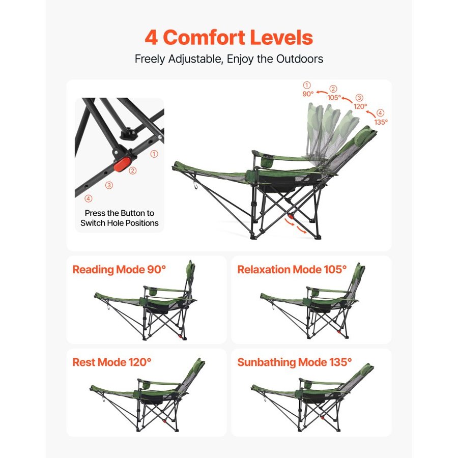 VEVOR Reclining Camping Chair, 4 Adjustable Positions, Portable Folding Lounger for Adults, Mesh Beach Chair with Headrest & Foot Rest, Supports 220 lbs, Heavy Duty Camp Chairs for Patio, Green