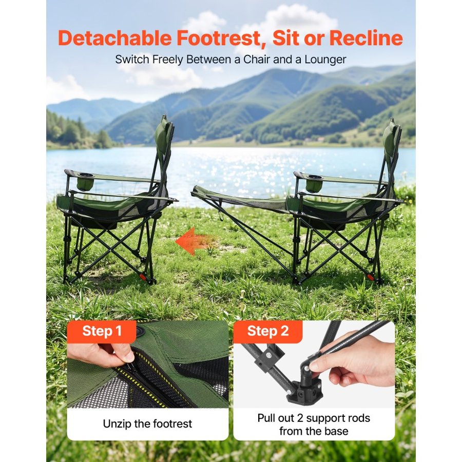 VEVOR Reclining Camping Chair, 4 Adjustable Positions, Portable Folding Lounger for Adults, Mesh Beach Chair with Headrest & Foot Rest, Supports 220 lbs, Heavy Duty Camp Chairs for Patio, Green
