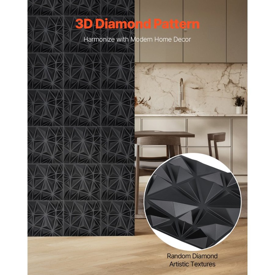 VEVOR 3D Wall Panels, 33-Pack 11.81 x 11.81 in PVC Modern Art Minimalist Diamond Tiles, 2.97㎡ Coverage Accent Wall Panel, Interior Home Decor for Ceiling, Bedroom, Living & Gaming Room, Matte Black