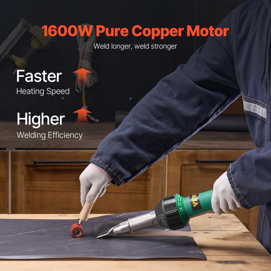 VEVOR Hot Air Plastic Welder, 1600W Hot Air Torch Pistol, 122-1112℉ PVC TPO Vinyl Heat Gun Welding Torch, 5PCS Plastic Welding Roofing Kit & 2 Flat Nozzles, 1 Seam Roller, Brush for PP/PE/PVC Sheets