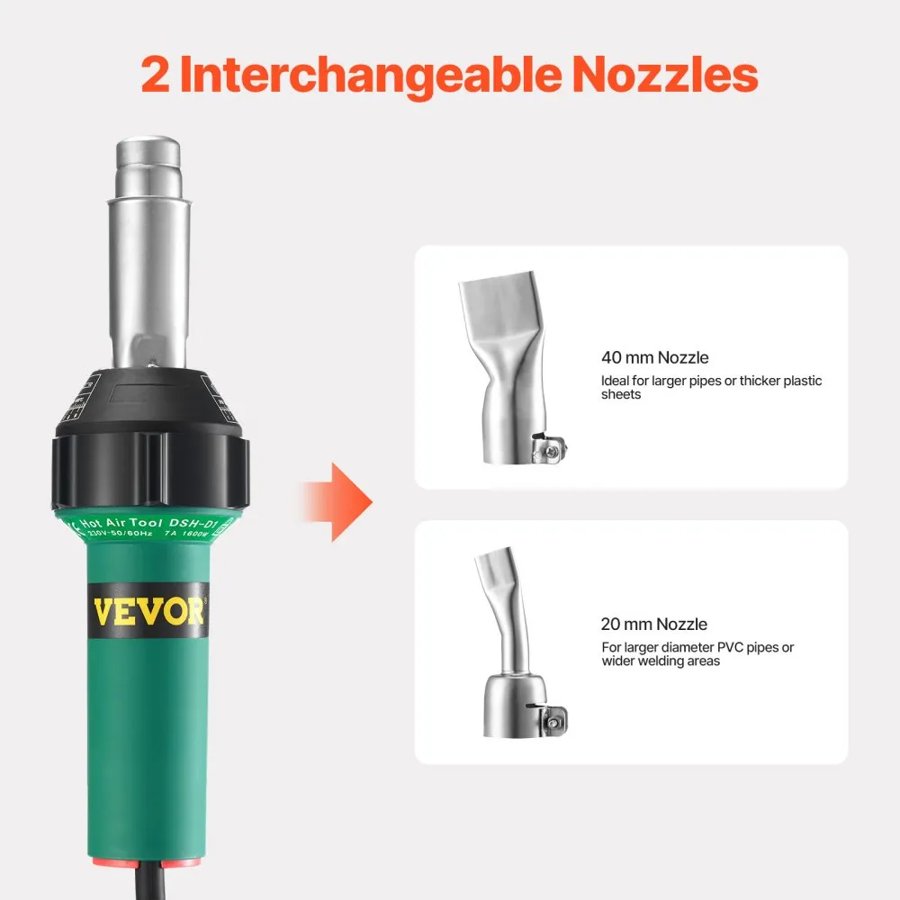 VEVOR Hot Air Plastic Welder, 1600W Hot Air Torch Pistol, 122-1112℉ PVC TPO Vinyl Heat Gun Welding Torch, 5PCS Plastic Welding Roofing Kit & 2 Flat Nozzles, 1 Seam Roller, Brush for PP/PE/PVC Sheets