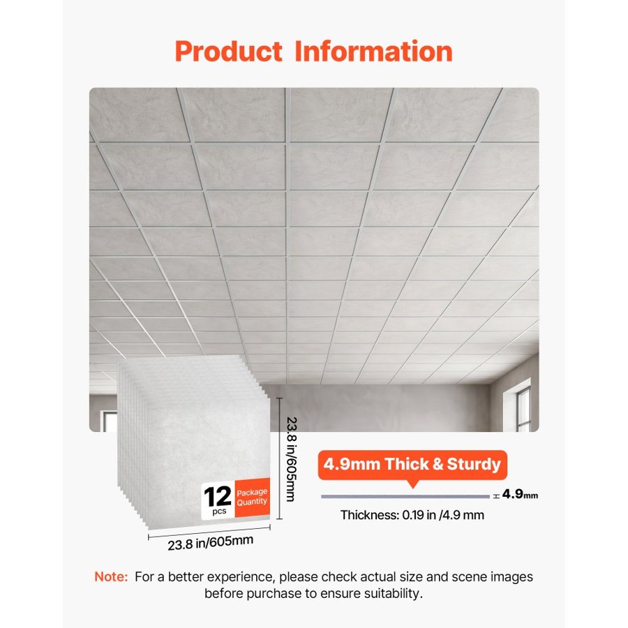 VEVOR PVC Drop Ceiling Tiles – 605 x 605 mm, 12-Pack, 4.9 mm