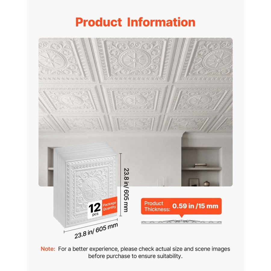 VEVOR 605x605mm PVC Ceiling Tiles 12-Pack White 3D Geometric Panels, Smooth PVC Sheet for Drop Grid, Impact-Resistant, Paintable Surface, Easy Cut, Modern Decorative Style for Home, Office