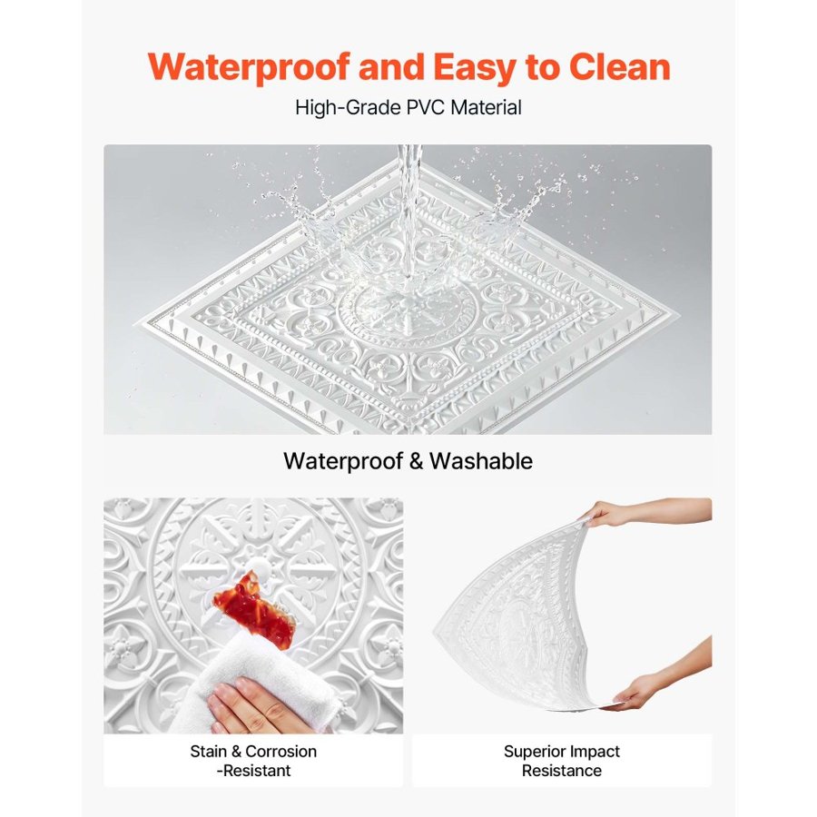 VEVOR 605x605mm PVC Ceiling Tiles 12-Pack White 3D Geometric Panels, Smooth PVC Sheet for Drop Grid, Impact-Resistant, Paintable Surface, Easy Cut, Modern Decorative Style for Home, Office