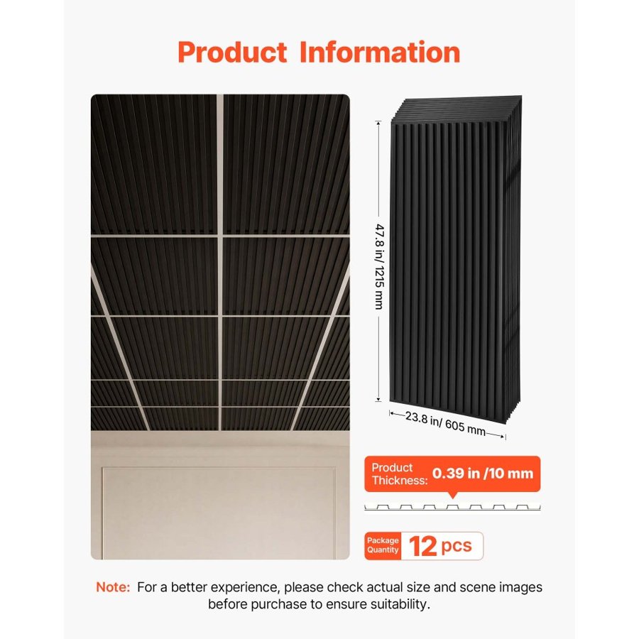 VEVOR 605x1215mm PVC Ceiling Tiles 12-Pack 3D Black Linear Slat Panels, Smooth PVC Sheet for Drop Grid, Impact-Resistant, Paintable Surface, Easy Cut, Modern Decorative Style for Home, Office