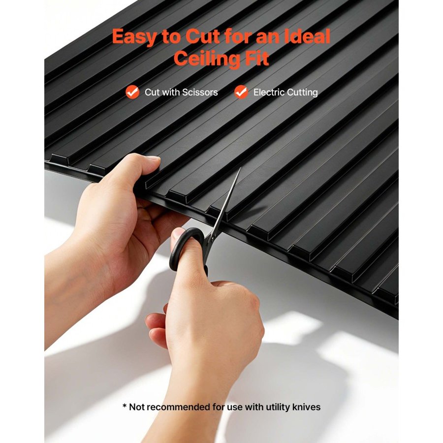 VEVOR 605x1215mm PVC Ceiling Tiles 12-Pack 3D Black Linear Slat Panels, Smooth PVC Sheet for Drop Grid, Impact-Resistant, Paintable Surface, Easy Cut, Modern Decorative Style for Home, Office