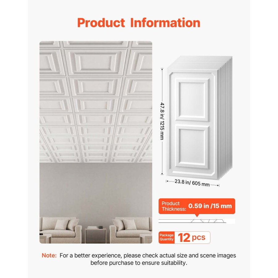 VEVOR 605x1215mm PVC Ceiling Tiles 12-Pack White 3D Textured Accent Panels, Smooth PVC Sheet for Drop Grid, Impact-Resistant, Paintable Surface, Easy Cut, Modern Decorative Style for Home, Office Area