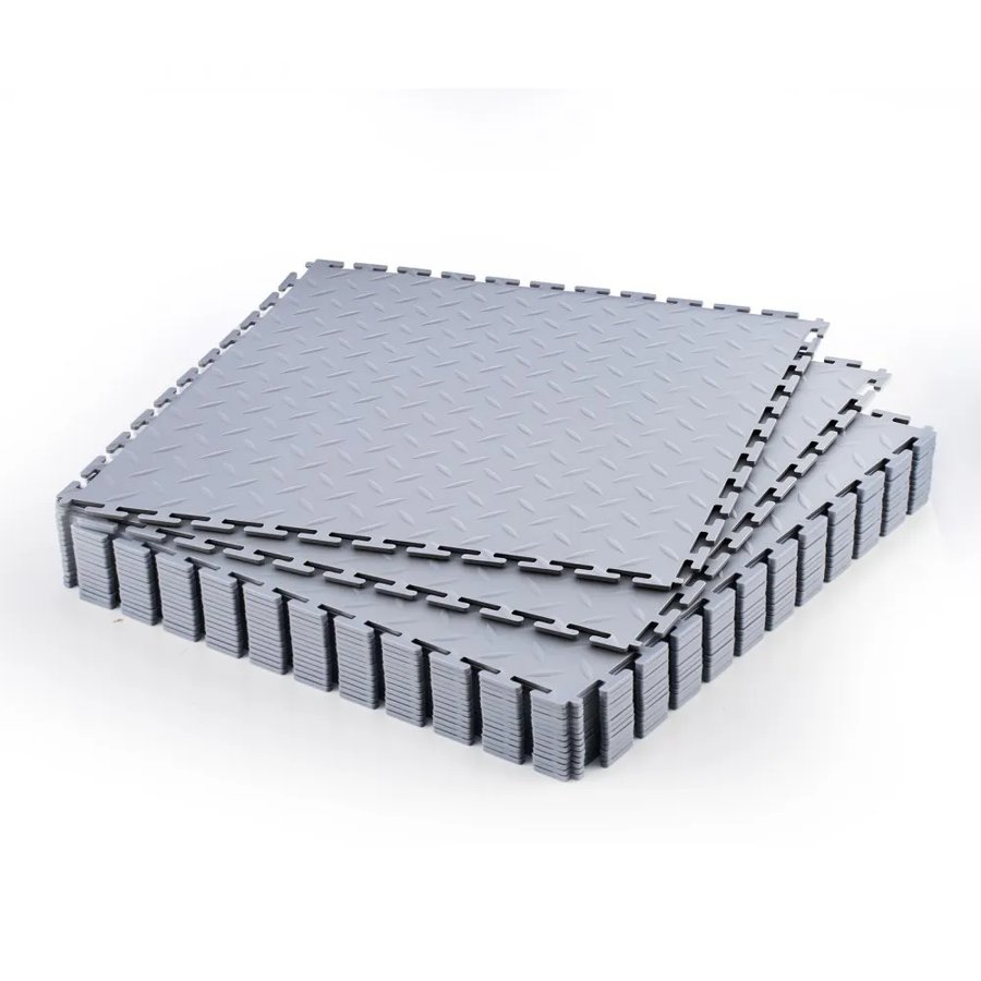 VEVOR Garage Floor Tiles Interlocking, 16 Pack 513 x 513 x 5 mm Interlocking Modular Garage Flooring Tiles, Diamond Plate Slip-Resistant PVC Mats for Workshop,Warehouse,Tool Room, Light Gray
