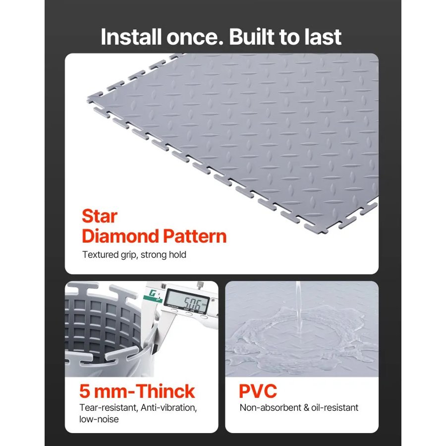 VEVOR Garage Floor Tiles Interlocking, 16 Pack 513 x 513 x 5 mm Interlocking Modular Garage Flooring Tiles, Diamond Plate Slip-Resistant PVC Mats for Workshop,Warehouse,Tool Room, Light Gray