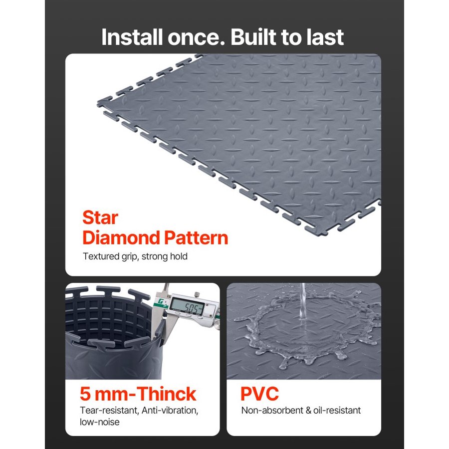 VEVOR Garage Floor Tiles Interlocking, 16 Pack 513 x 513 x 5 mm Interlocking Modular Garage Flooring Tiles, Diamond Plate Slip-Resistant PVC Mats for Workshop,Warehouse,Tool Room, Graphite Gray