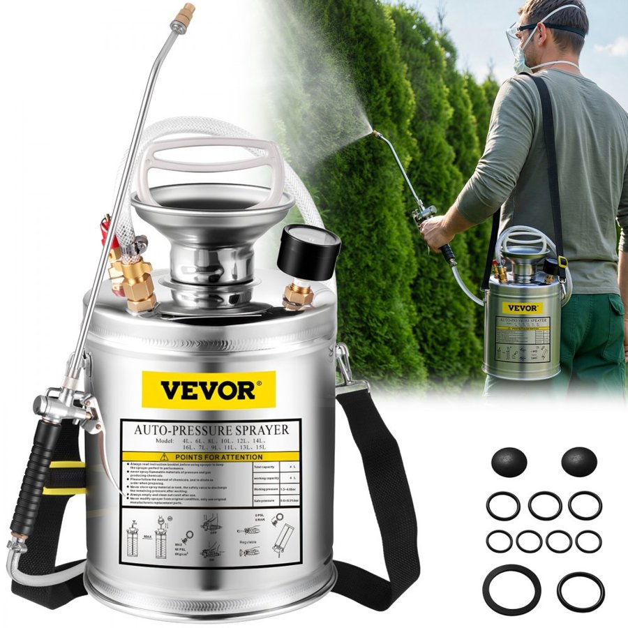 VEVOR Stainless Steel Sprayer 4L Household Gardening and Floor Cleaning Sprayer, Suitable for the Current Neds of Industry, Agriculture, Commerce, Medicine and Other Industries