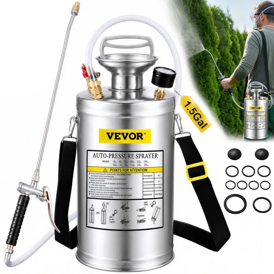 VEVOR Stainless Steel Sprayer 6L Household Gardening and Floor Cleaning Sprayer, Suitable for the Current Neds of Industry, Agriculture, Commerce, Medicine and Other Industries
