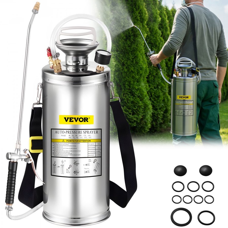 VEVOR Stainless Steel Sprayer 8L Household Gardening and Floor Cleaning Sprayer, Suitable for the Current Neds of Industry, Agriculture, Commerce, Medicine and Other Industries
