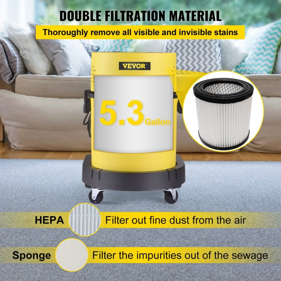 VEVOR Wet Dry Vacuum Cleaner, 20.1 L 2 Peak HP, 4-in-1 Portable Shop Vacuum w/ Blow & Spray Function, Remote Control, HEPA & Sponge Filtration, 5 Brush for Household, Car