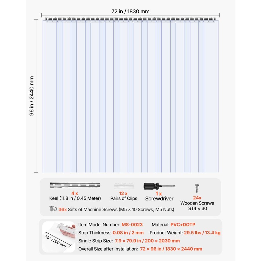 VEVOR Clear PVC Strip Curtain, 2.4 m Height x 1.8 m Width x 2 mm Thickness, 12 PCS Walk in Freezer Cooler Curtain Strips, Smooth Waterproof Plastic Door Strips for Warehouse, Freezer, Garage Doors