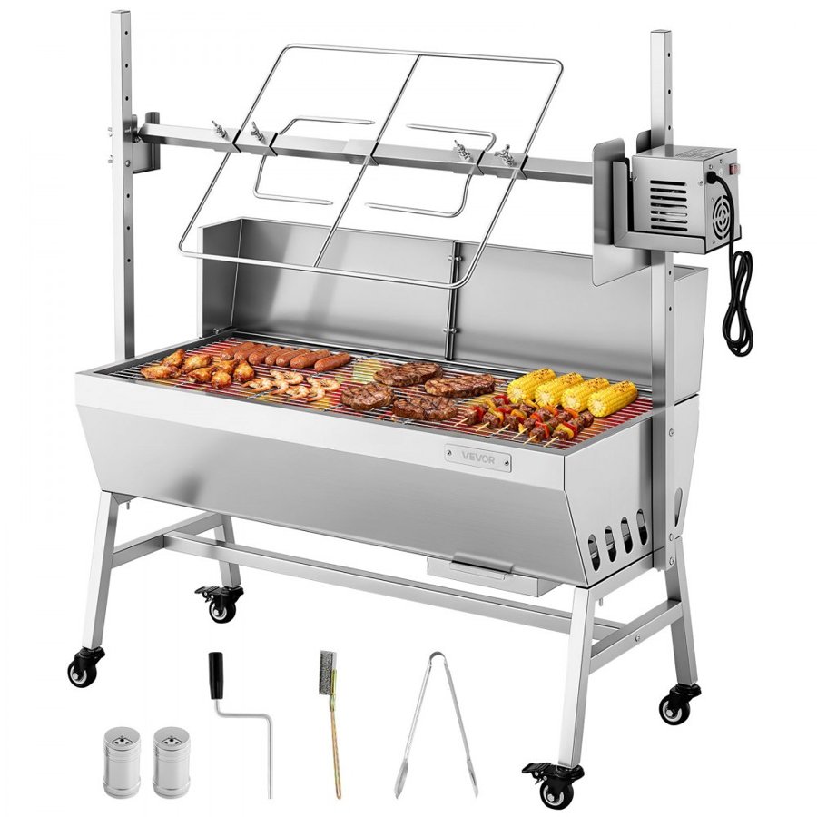 VEVOR Rotisserie Grill, 38W BBQ Outdoor Pig & Lamb Spit Roaster, Charcoal Spit Roaster with 60 kg Load Capacity & 7-Level Height, Stainless Steel Electric Rotisserie Grill Kit for Camping Outdoor