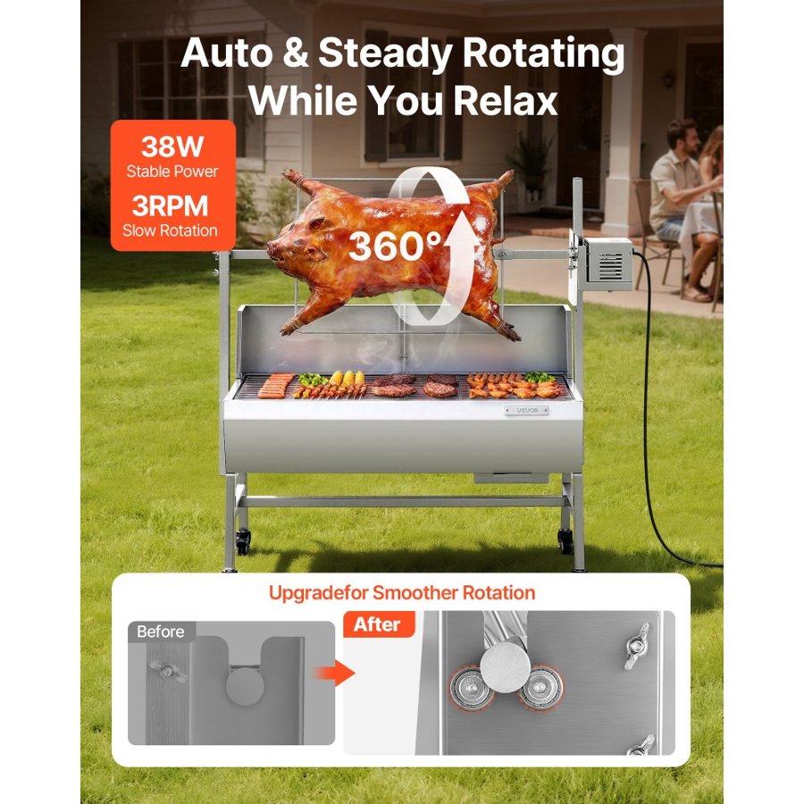 VEVOR Rotisserie Grill, 38W BBQ Outdoor Pig & Lamb Spit Roaster, Charcoal Spit Roaster with 60 kg Load Capacity & 7-Level Height, Stainless Steel Electric Rotisserie Grill Kit for Camping Outdoor