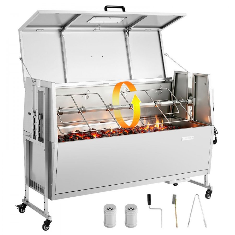VEVOR Rotisserie Grill, 38W BBQ Outdoor Pig & Lamb Spit Roaster, Charcoal Spit Roaster with 60 kg Capacity, Wheels & 4-Level Height, Stainless Steel Rotisserie Grill Kit for Camping Outdoor Parties