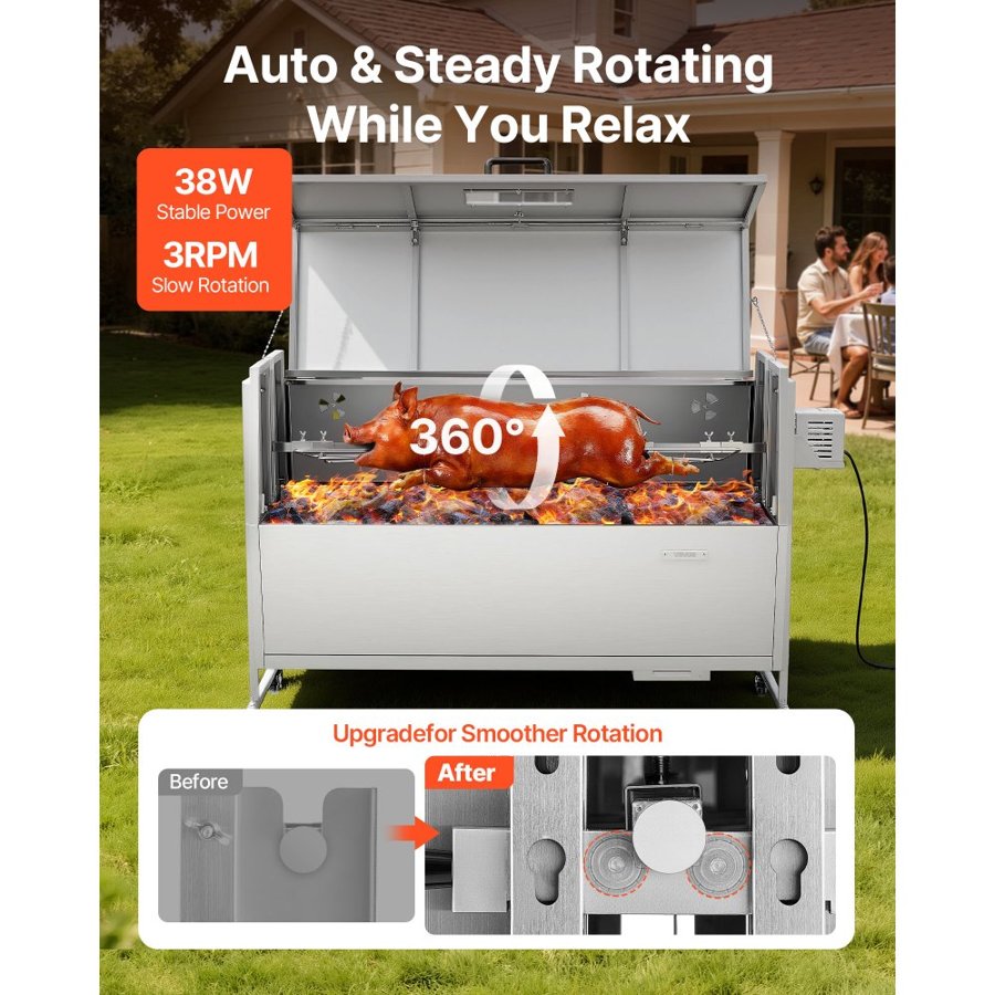 VEVOR Rotisserie Grill, 38W BBQ Outdoor Pig & Lamb Spit Roaster, Charcoal Spit Roaster with 60 kg Capacity, Wheels & 4-Level Height, Stainless Steel Rotisserie Grill Kit for Camping Outdoor Parties