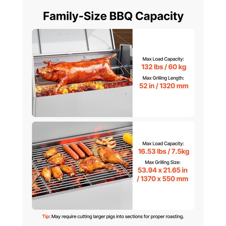 VEVOR Rotisserie Grill, 38W BBQ Outdoor Pig & Lamb Spit Roaster, Charcoal Spit Roaster with 60 kg Capacity, Wheels & 4-Level Height, Stainless Steel Rotisserie Grill Kit for Camping Outdoor Parties
