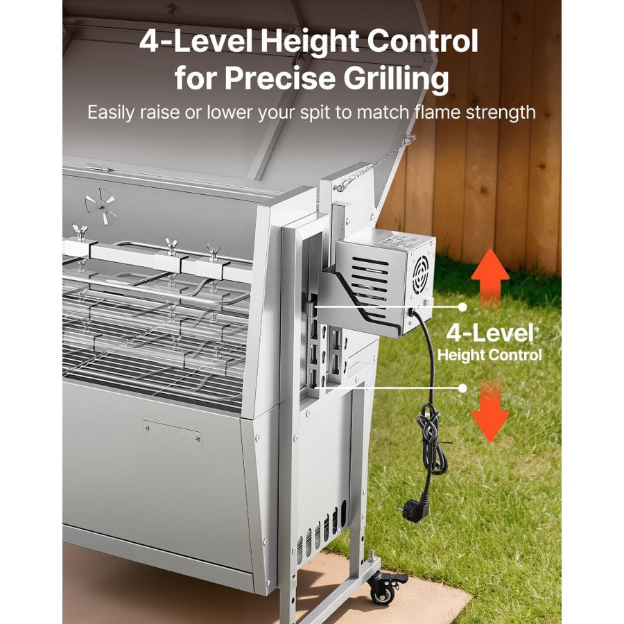 VEVOR Rotisserie Grill, 38W BBQ Outdoor Pig & Lamb Spit Roaster, Charcoal Spit Roaster with 60 kg Capacity, Wheels & 4-Level Height, Stainless Steel Rotisserie Grill Kit for Camping Outdoor Parties