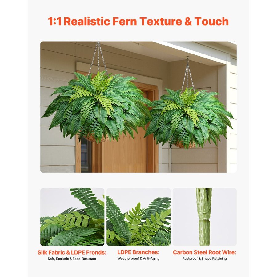 VEVOR Artificial Boston Fern Bush – 1219mm, 67 Fronds, 2pc