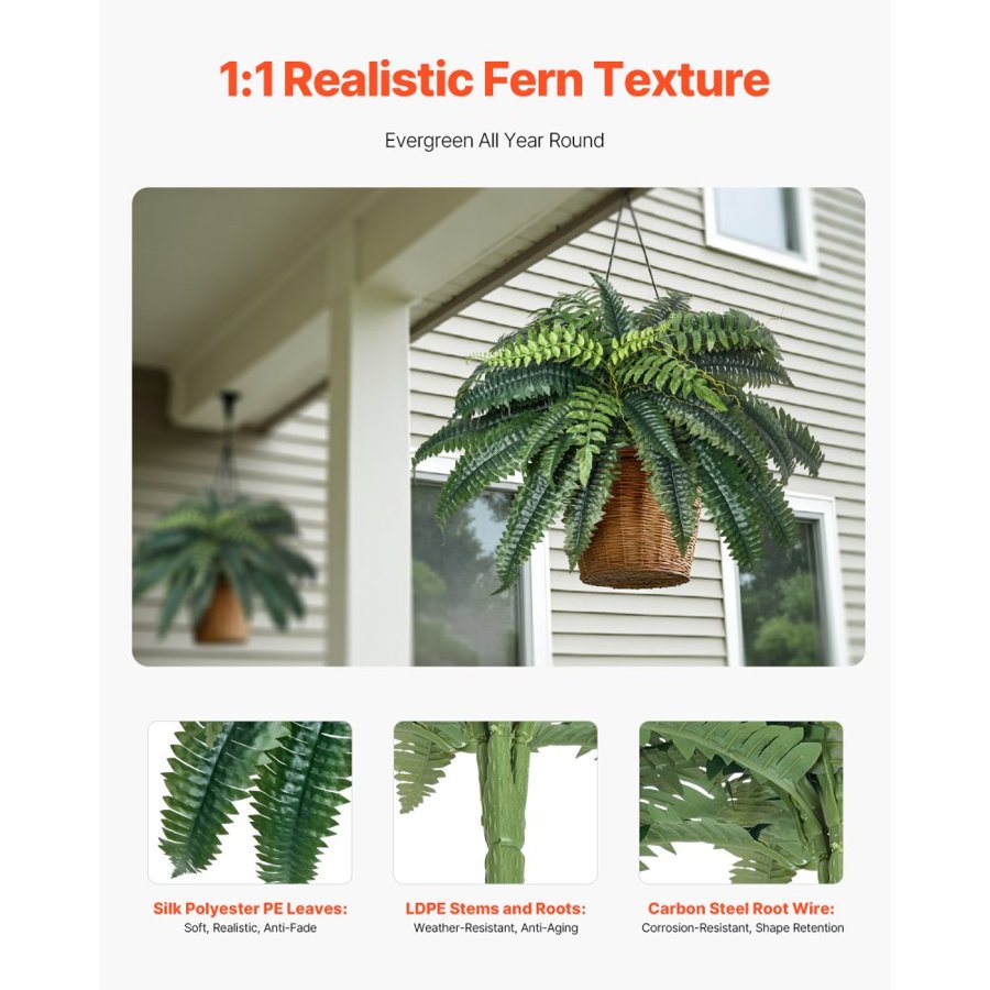VEVOR Artificial Ferns 2 Pcs, Natural Spread Diameter 35-39 Inch, Large Hanging Artificial Boston Ferns, Fake Plant Wall Decor with 35 Branches, Faux Fern for Home and Office (Flowerpot Unincluded)