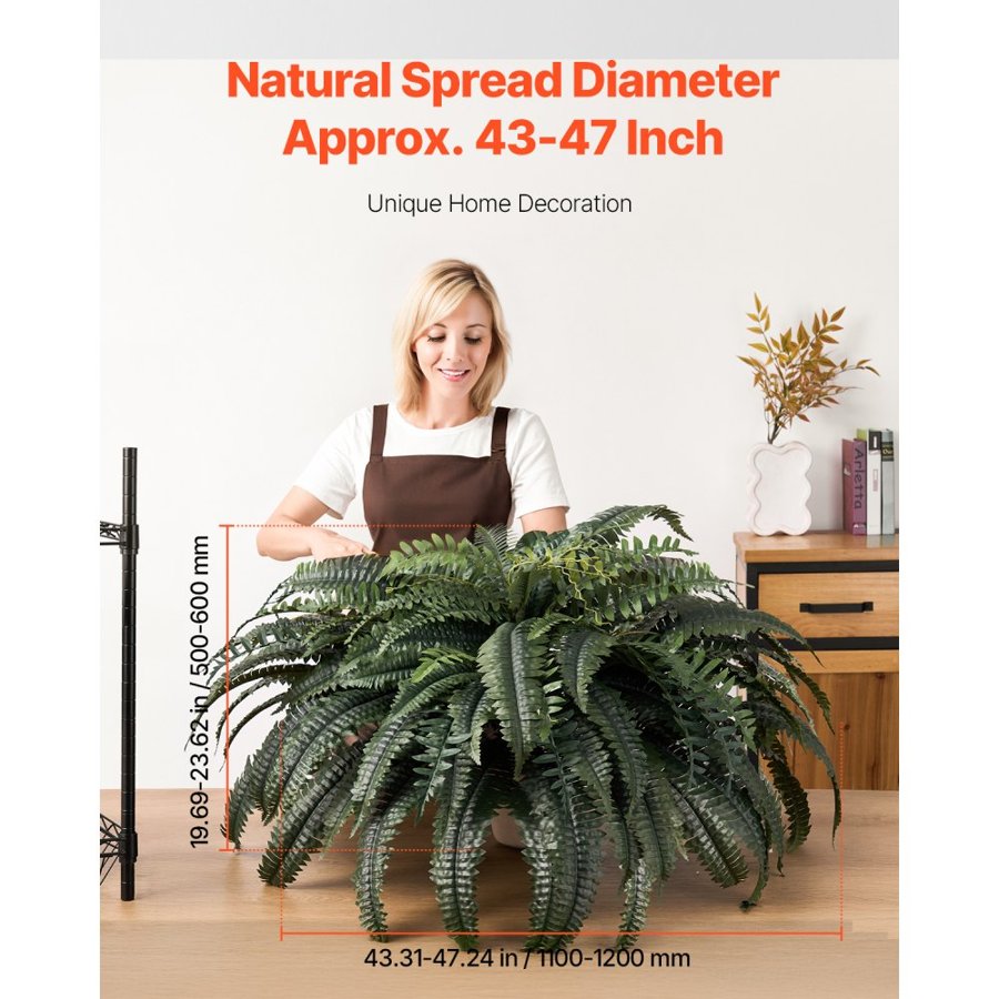VEVOR Artificial Ferns, 1219 mm Fake Boston Fern Bush Plant with 88 Fronds, Large Faux Greenery for Indoor and Outdoor Decor, Silk & LDPE, Realistic for Home Porch Garden Office Living Room Planter