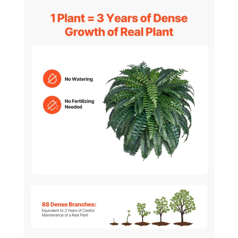 VEVOR Artificial Ferns, 1219 mm Fake Boston Fern Bush Plant with 88 Fronds, Large Faux Greenery for Indoor and Outdoor Decor, Silk & LDPE, Realistic for Home Porch Garden Office Living Room Planter