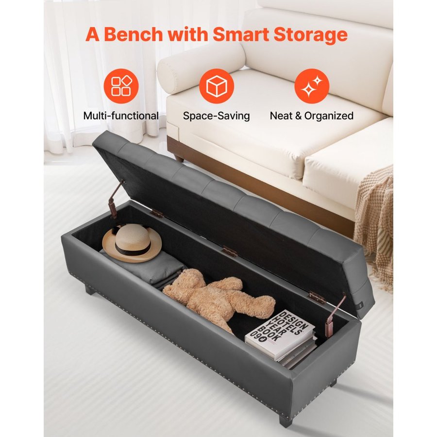 VEVOR Button-Tufted Storage Ottoman Bench, PU Leather Bench with Storage and Solid Wood Legs, Modern Shoe Benches Seat for Entryway, Upholstered End of Bed Benches for Living Room, Dining Room, Gray