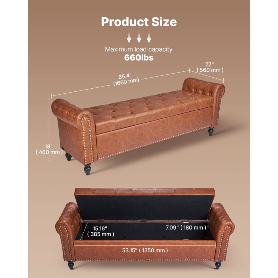 VEVOR Button-Tufted Storage Ottoman Bench, Rolled Arm PU Leather Bench with Solid Wood Legs, Modern Shoe Benches Seat for Entryway, Upholstered End of Bed Benches for Living Room, Dining Room, Brown