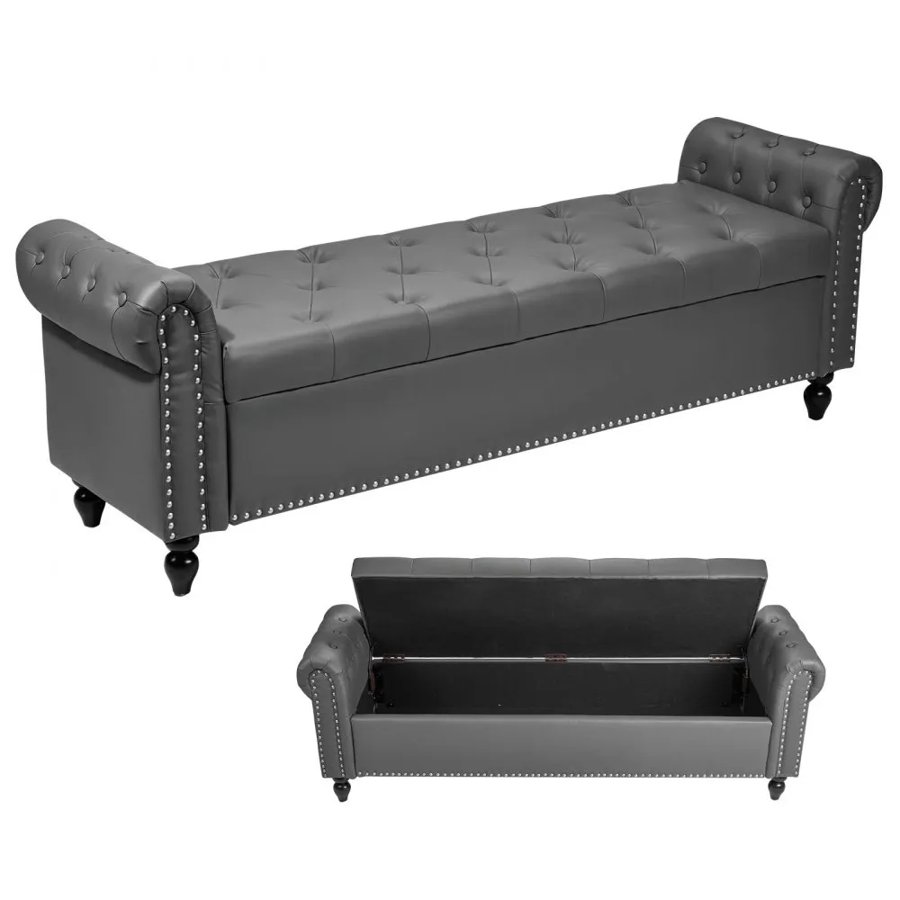 VEVOR Button-Tufted Storage Ottoman Bench, Rolled Arm PU Leather Bench with Solid Wood Legs, Modern Shoe Benches Seat for Entryway, Upholstered End of Bed Benches for Living Room, Dining Room, Gray
