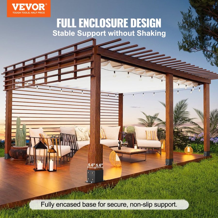 VEVOR 152.4x152.4 Post Base 4 Pcs, Inner Size 142x142 Post Base Brackets, Heavy Duty Powder-Coated Post Anchor Matte Black Wood Post Brackets for Pavilion Deck Railing Support Deck Base Plate