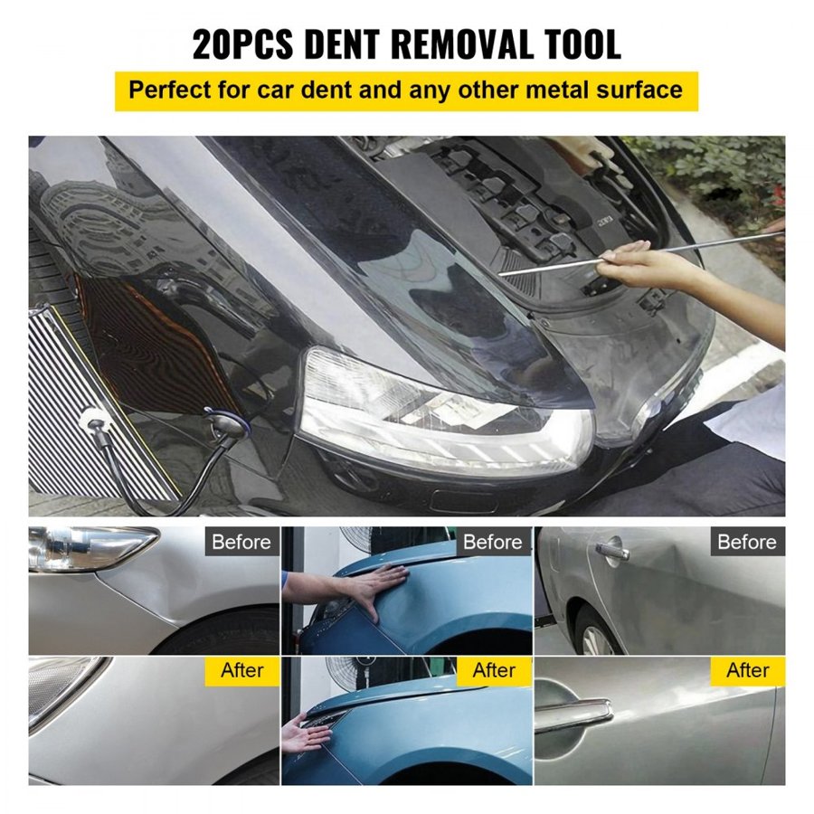 VEVOR Rods Dent Removal Kit, 20 Pcs Paintless Dent Repair Rods, Stainless Steel Dent Rods, Whale Tail Dent Repair Tools, Professional Hail Dent Removal Tool For Minor Dents, Door Dings And Hail Damage