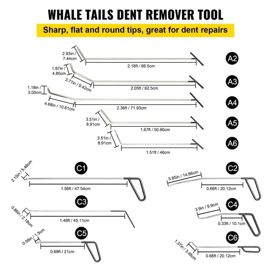 VEVOR Rods Dent Removal Kit, 21 Pcs Paintless Dent Repair Rods, Stainless Steel Dent Rods, Whale Tail Dent Repair Tools, Professional Hail Dent Removal Tool For Minor Dents, Door Dings And Hail Damage