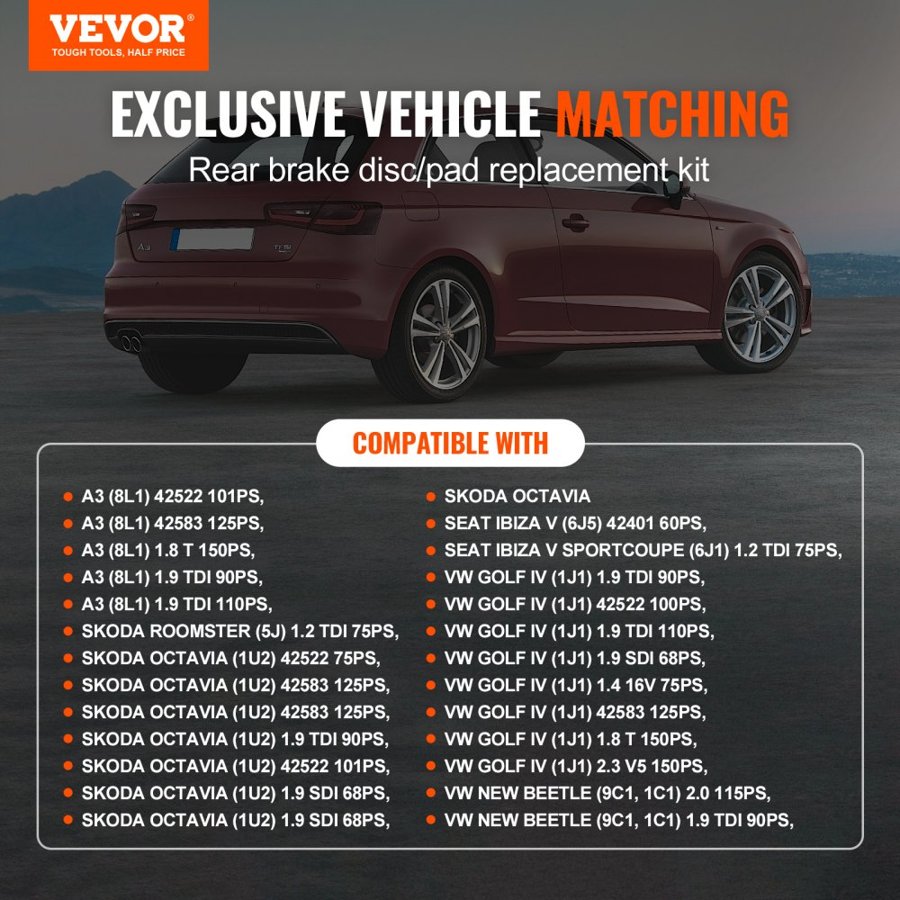 VEVOR Rear Brake Kit Compatible with AUDI A3(8L), SEAT IBIZA, SKODA OCTAVIA, ROOMSTER, VW GOLF Ⅳ, Brake Rotors Ceramic Brake Pads Replacement Kit, 232mm Rear Rotors