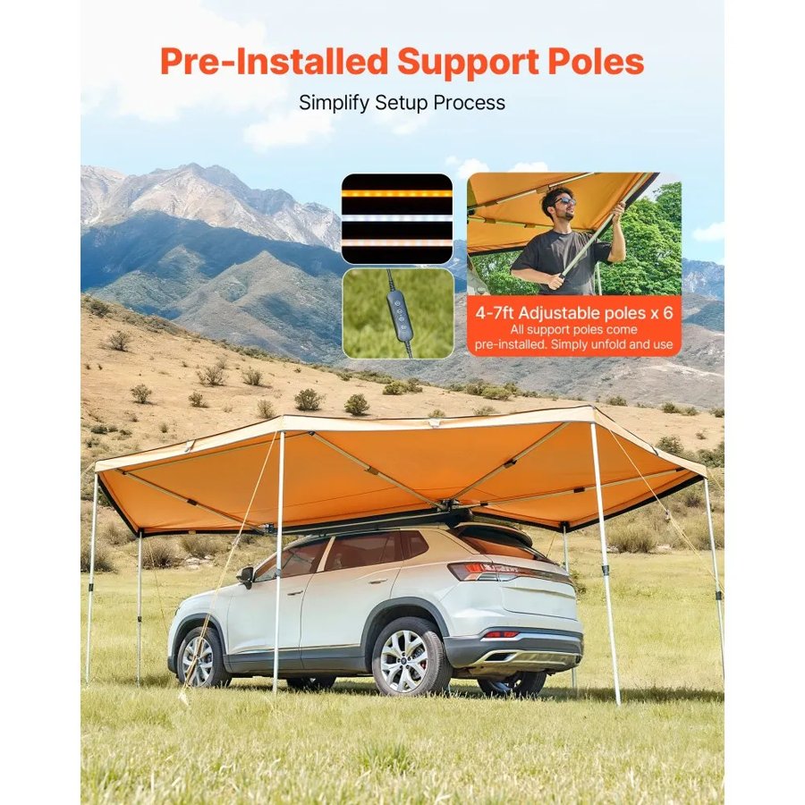VEVOR 270 Degree Car Awning – 133 sq. ft., LED, Side Canopy