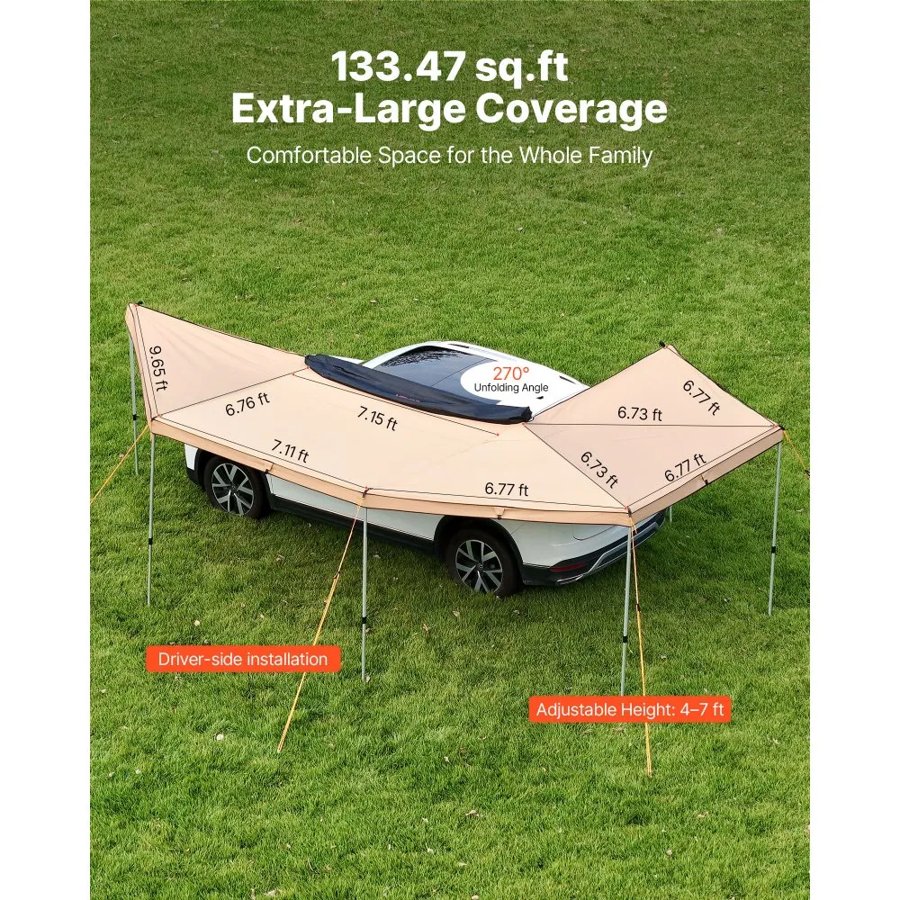 VEVOR 270 Degree Car Awning – 133 sq. ft., LED, Side Canopy