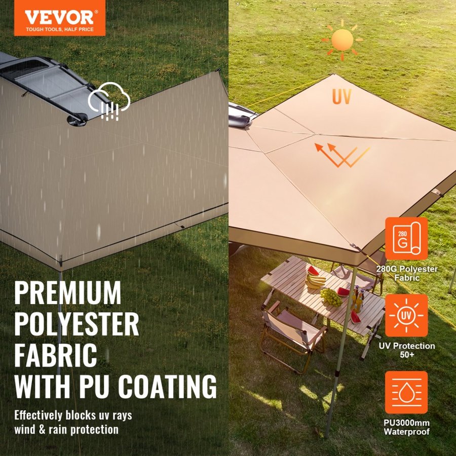 VEVOR Vehicle Awning 270 Degree, 8.2' Height Retractable Car Side Awning, PU3000mm UV50+ Car Awning with Waterproof Storage Bag, Suitable for Truck, SUV, Van, Campers